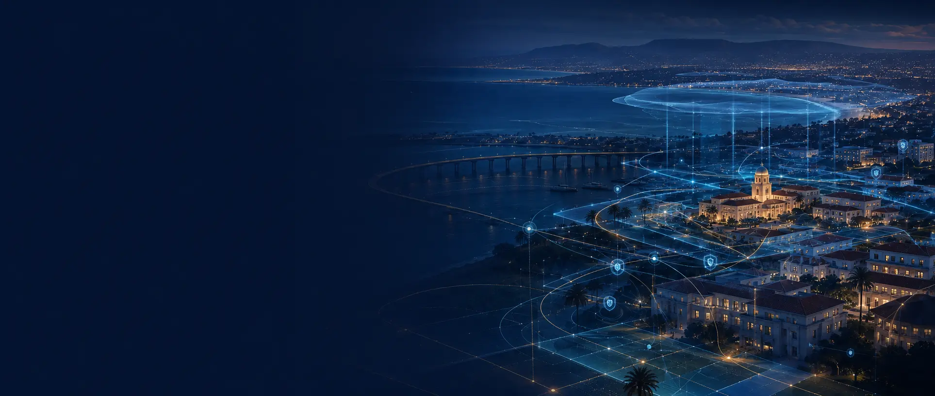 San Diego coastline supported by connected cloud, security, data, and AI systems